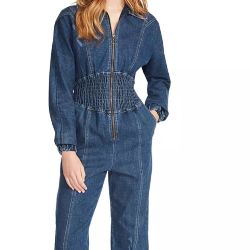 NWT Steve Madden "Nissa" Distressed Denim Smock-Waist Jumpsuit Size Small